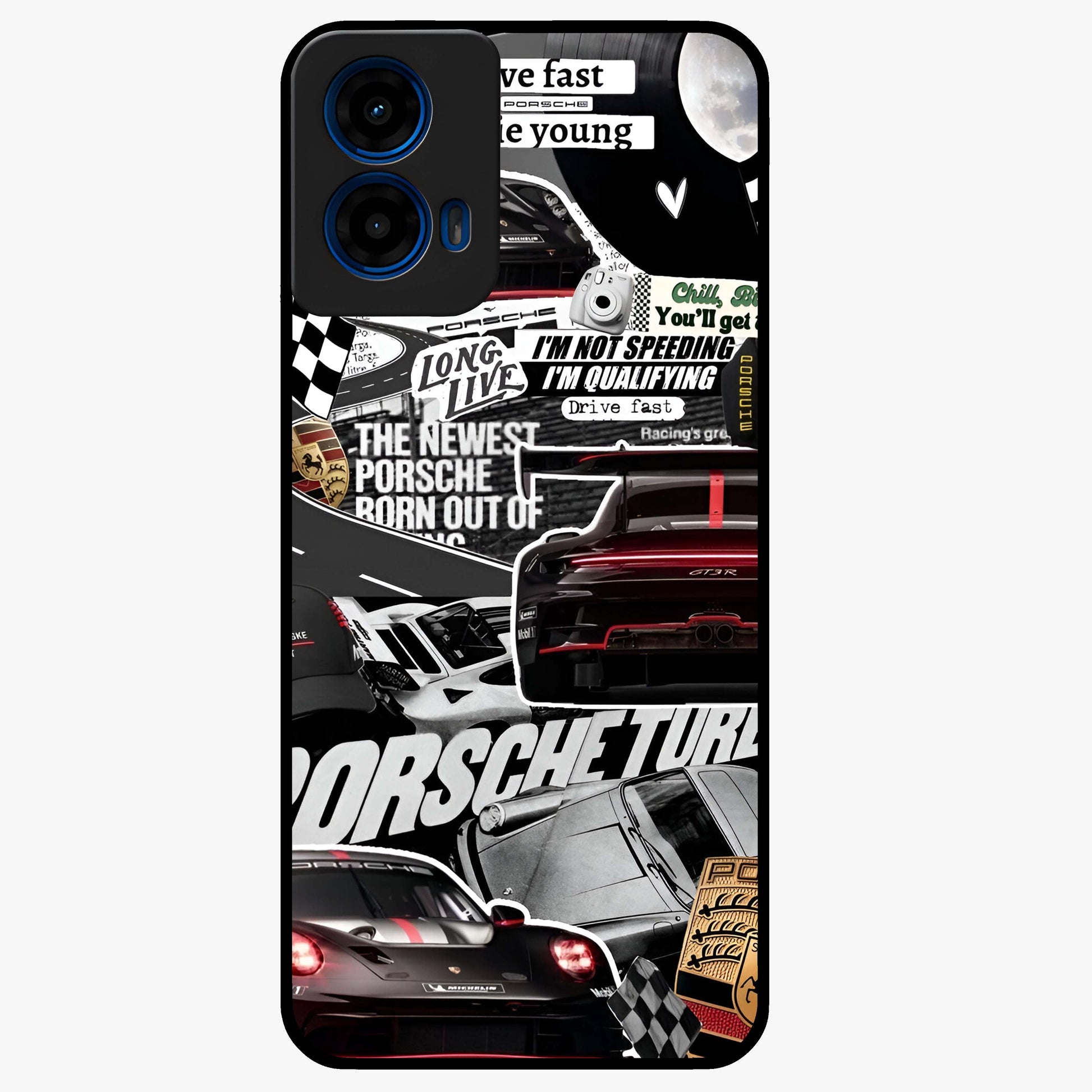 Porsche Racing Collage Glass Case showing flat back view with sports car racing collage artwork and glossy glass finish.