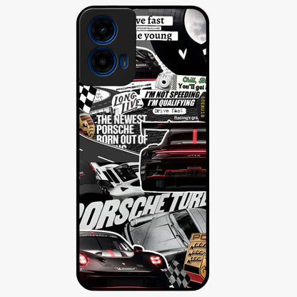 Porsche Racing Collage Glass Case showing flat back view with sports car racing collage artwork and glossy glass finish.