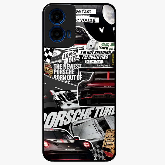 Porsche Racing Collage Glass Case showing flat back view with sports car racing collage artwork and glossy glass finish.