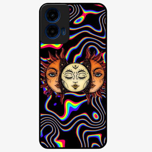 Psychedelic Sun Glass Case showing flat back view with colorful psychedelic sun artwork and glossy glass finish.