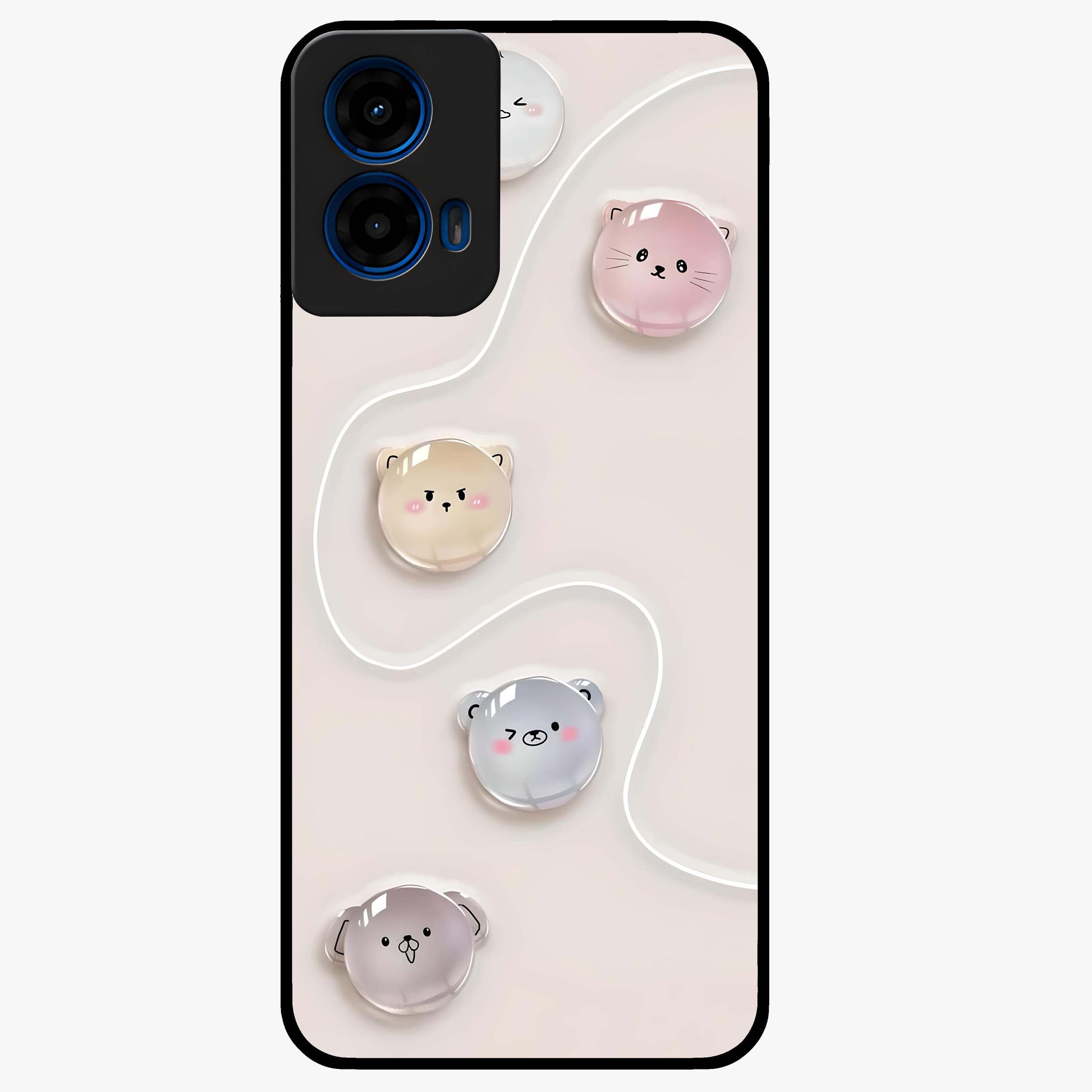 Puffy Face Parade Glass Case showing flat back view with cute puffy character faces artwork and glossy glass finish.