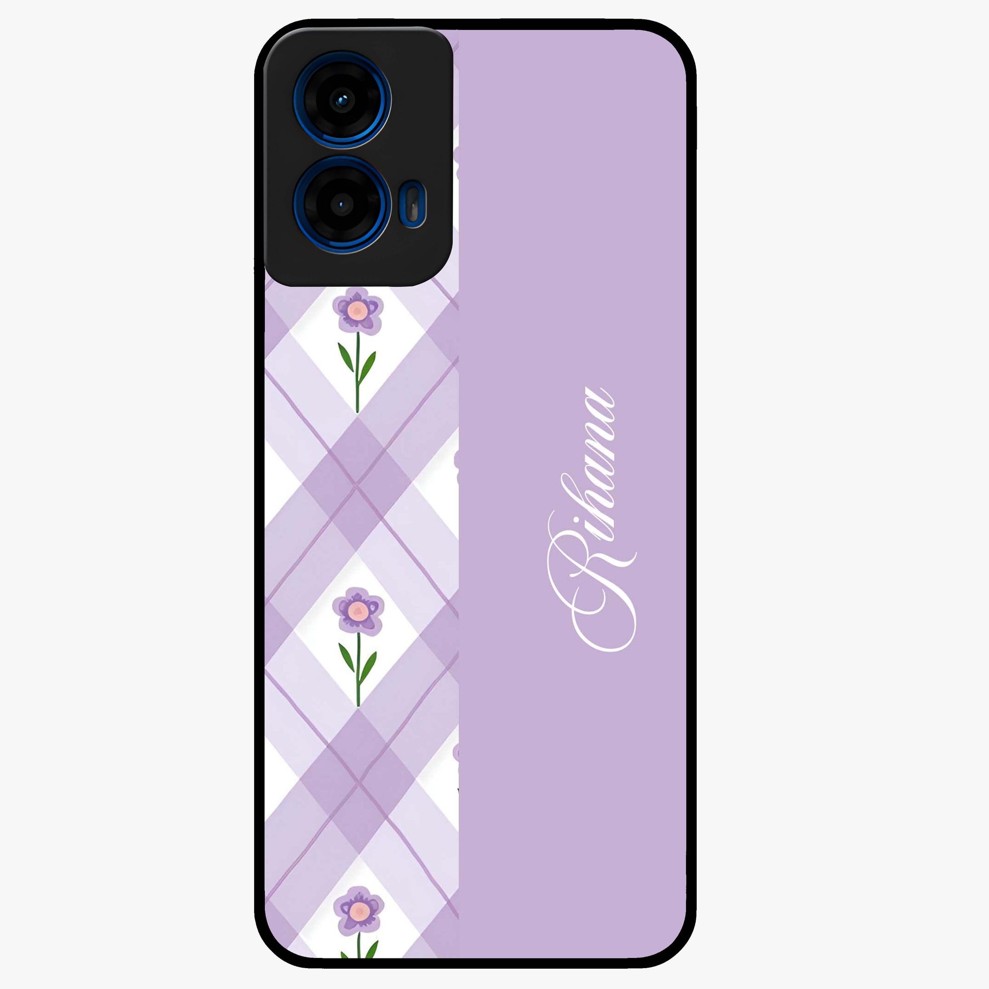 Purple Diamond Floral Glass Case showing flat back view with diamond shaped floral artwork and glossy glass finish.