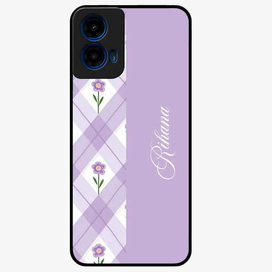 Purple Diamond Floral Glass Case showing flat back view with diamond shaped floral artwork and glossy glass finish.
