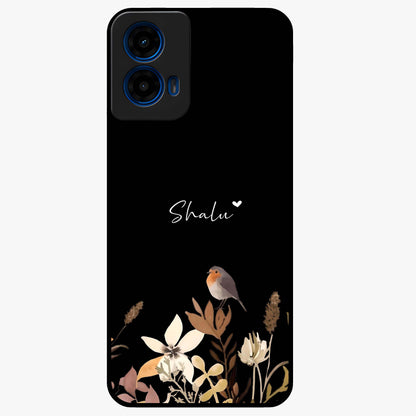 Quiet Garden Tune Custom Name Glass Case showing flat back view with peaceful garden artwork and personalized name design.