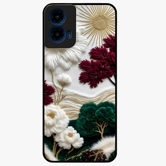 Radiant Bloom Elegance Glass Case showing flat back view with elegant blooming flower artwork and glossy glass finish.