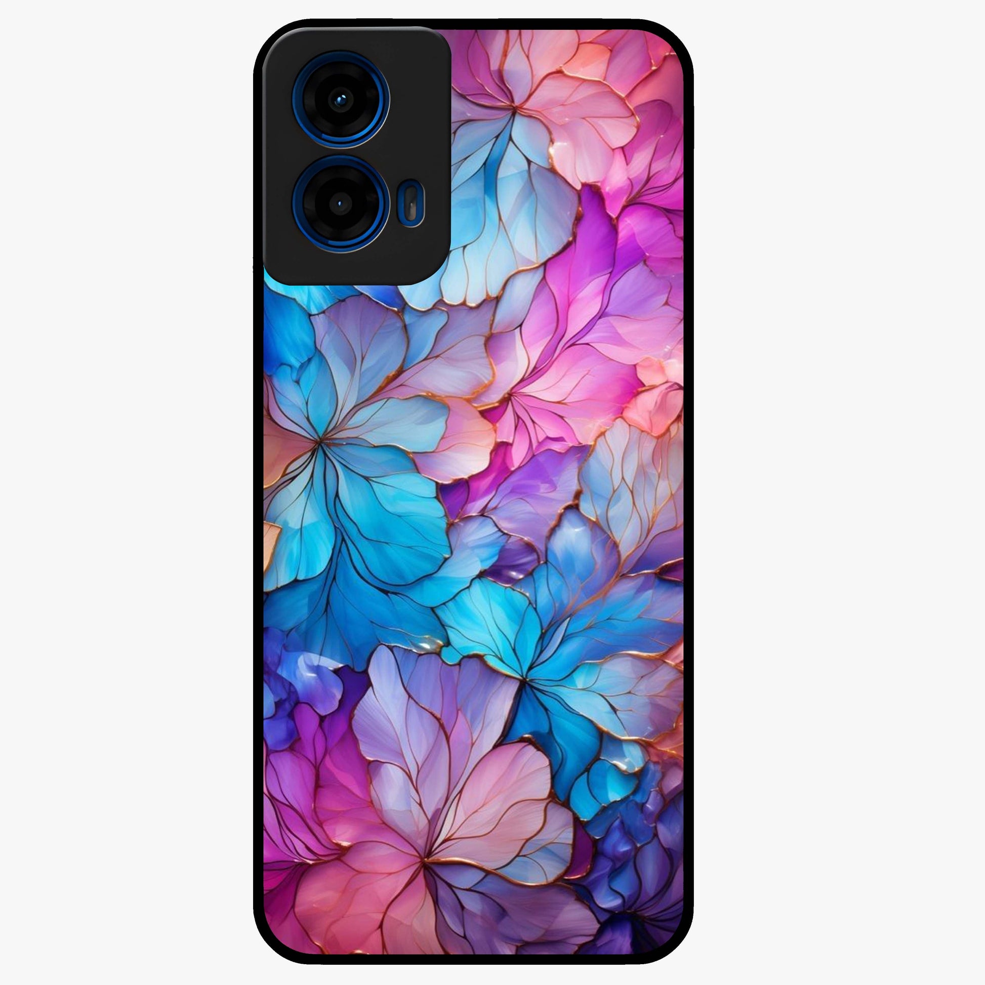 Radiant Floral Whirl Glass Case showing flat back view with swirling floral artwork and glossy glass finish.