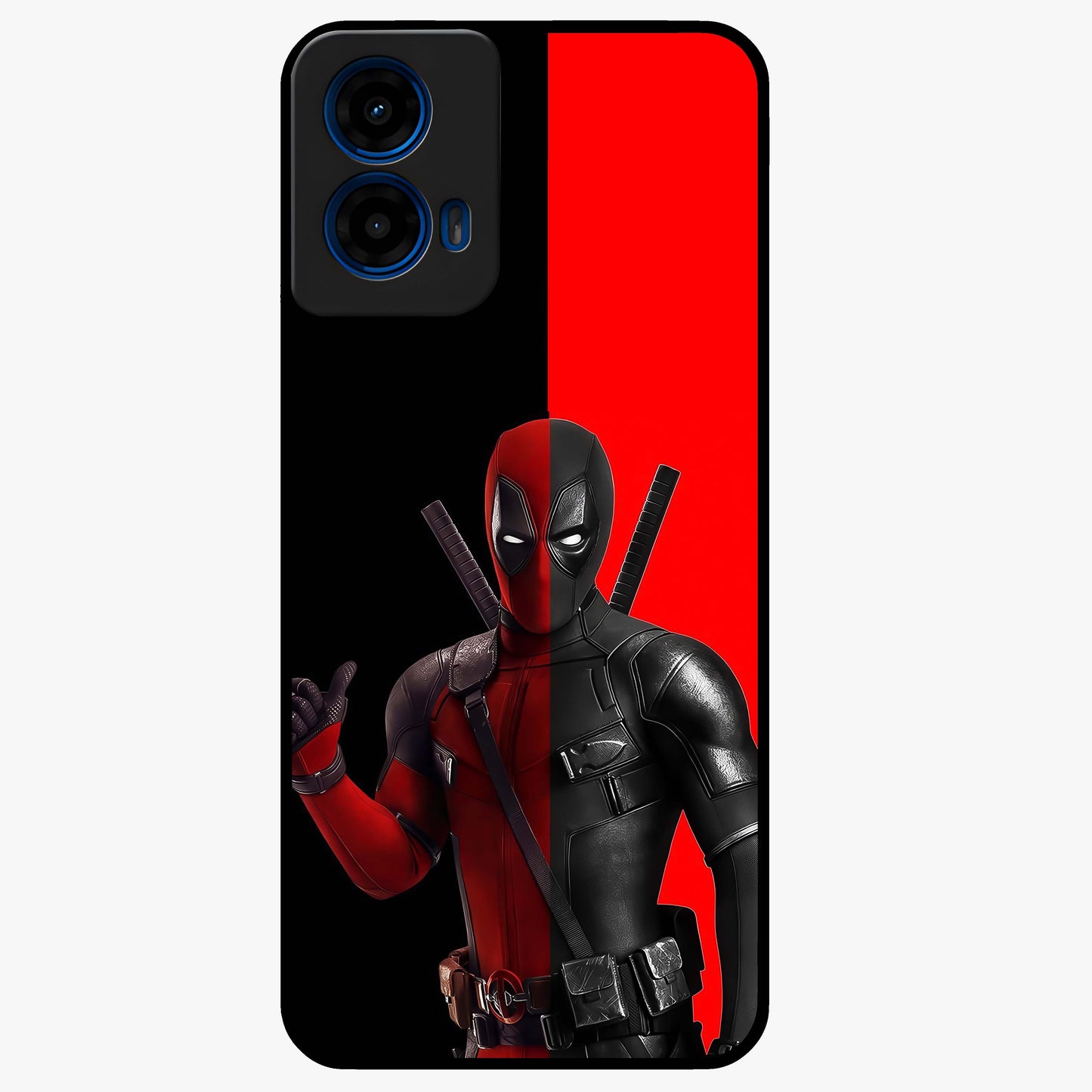 Red & Black Deadpool Theme Glass Case showing flat back view with bold comic inspired artwork and glossy glass finish.