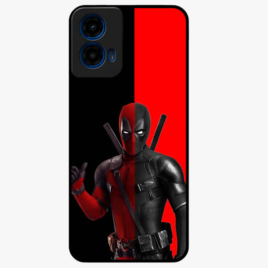 Red & Black Deadpool Theme Glass Case showing flat back view with bold comic inspired artwork and glossy glass finish.