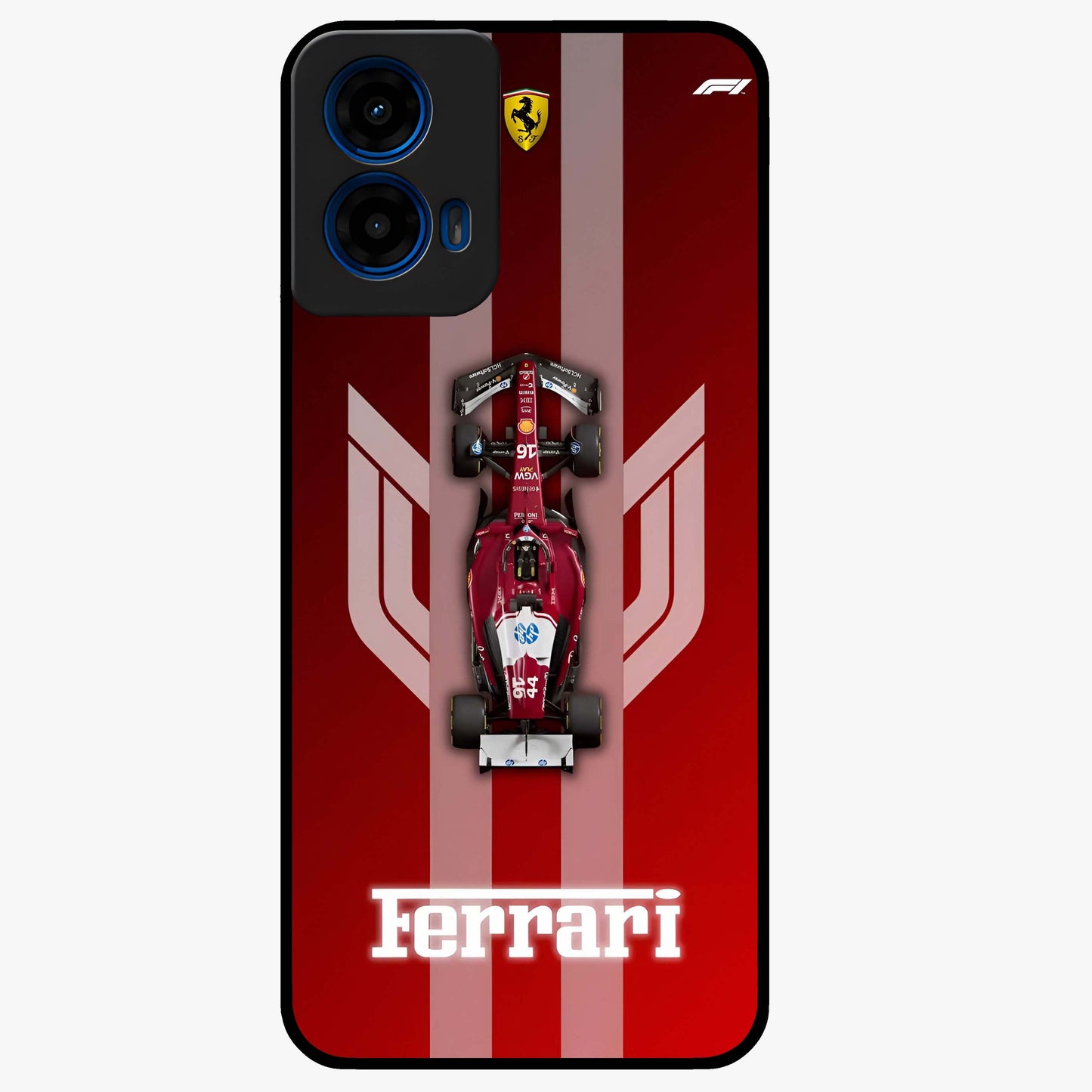 Red Ferrari F1 Vertical Glass Case showing flat back view with sleek Formula racing car artwork and glossy glass finish.