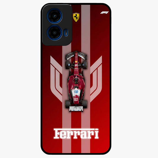 Red Ferrari F1 Vertical Glass Case showing flat back view with sleek Formula racing car artwork and glossy glass finish.