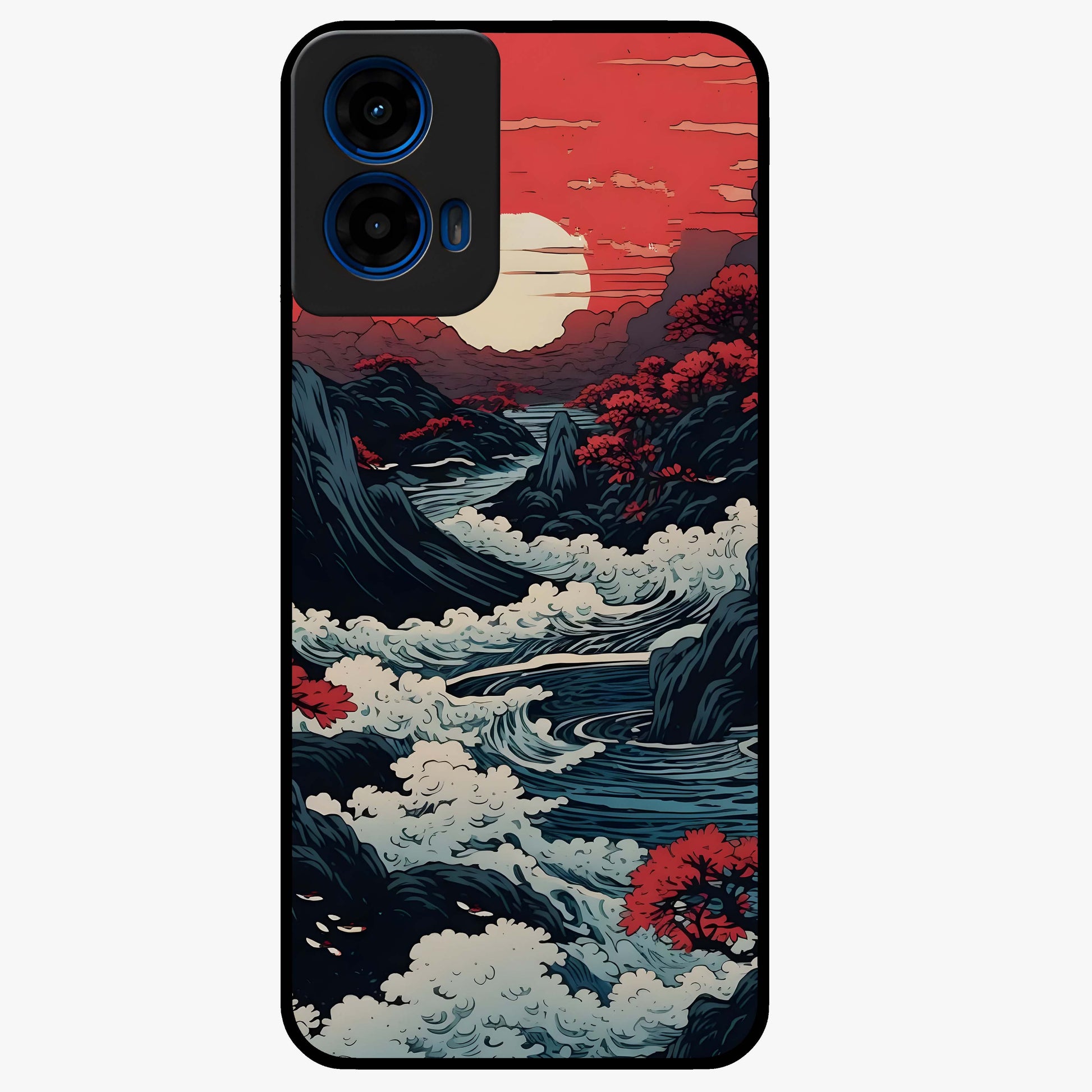 Red Sunset Scenery Glass Case showing flat back view with vibrant sunset landscape artwork and glossy glass finish.