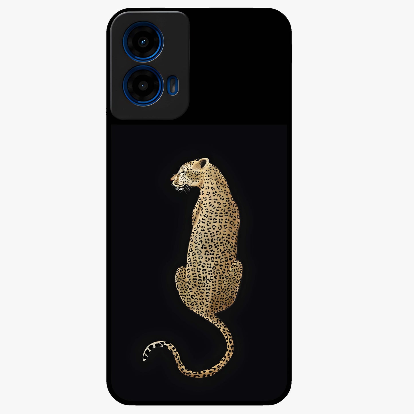 Regal Leopard Glass Case showing flat back view with bold leopard artwork and glossy glass finish.