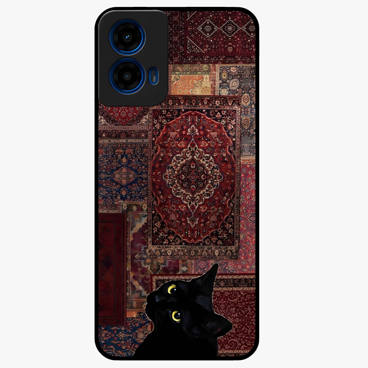 Regal Magic Cat Apple Glass Case showing flat back view with magical cat artwork holding apple and glossy glass finish.