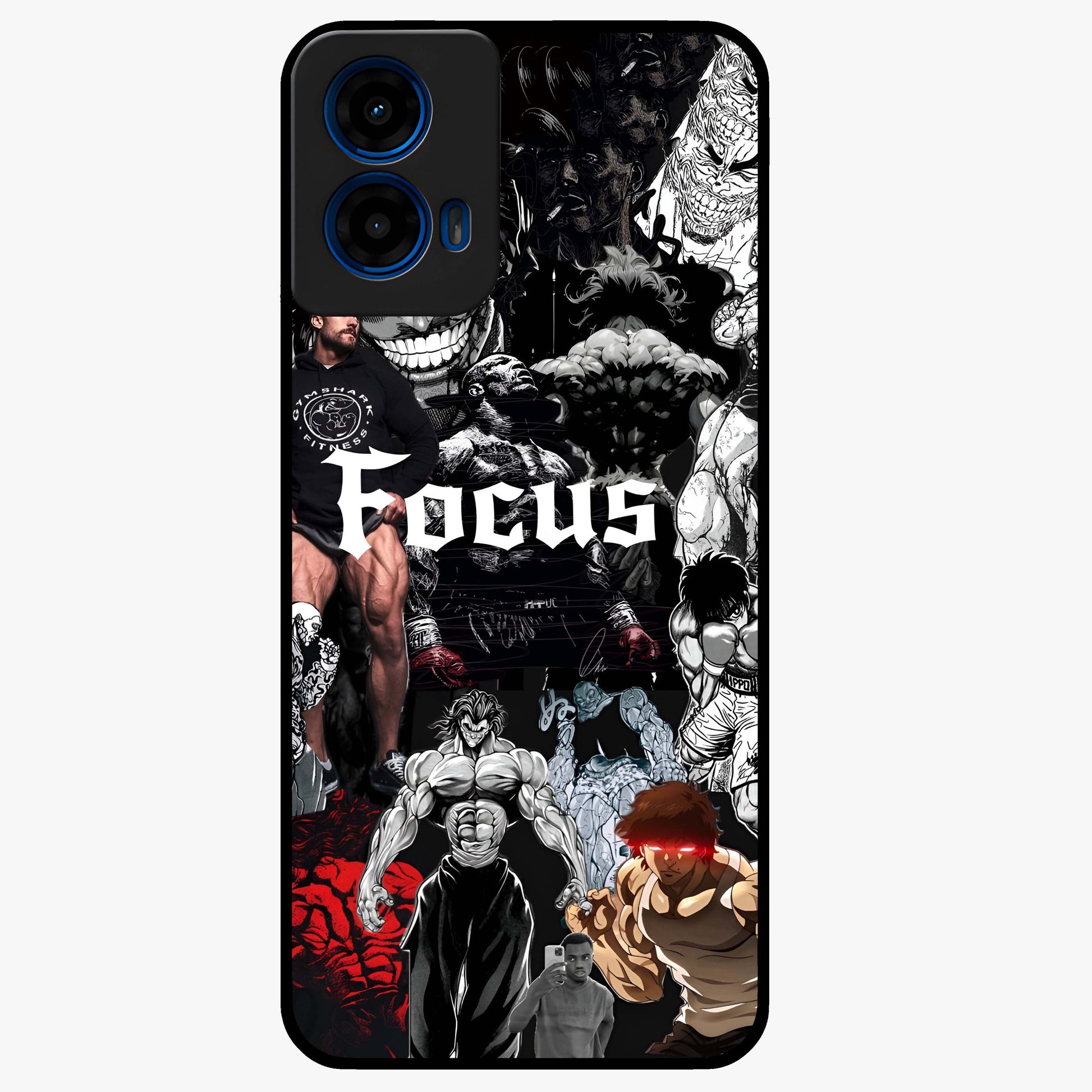 Relentless Power Focus Glass Case showing flat back view with motivational typography artwork and glossy glass finish.