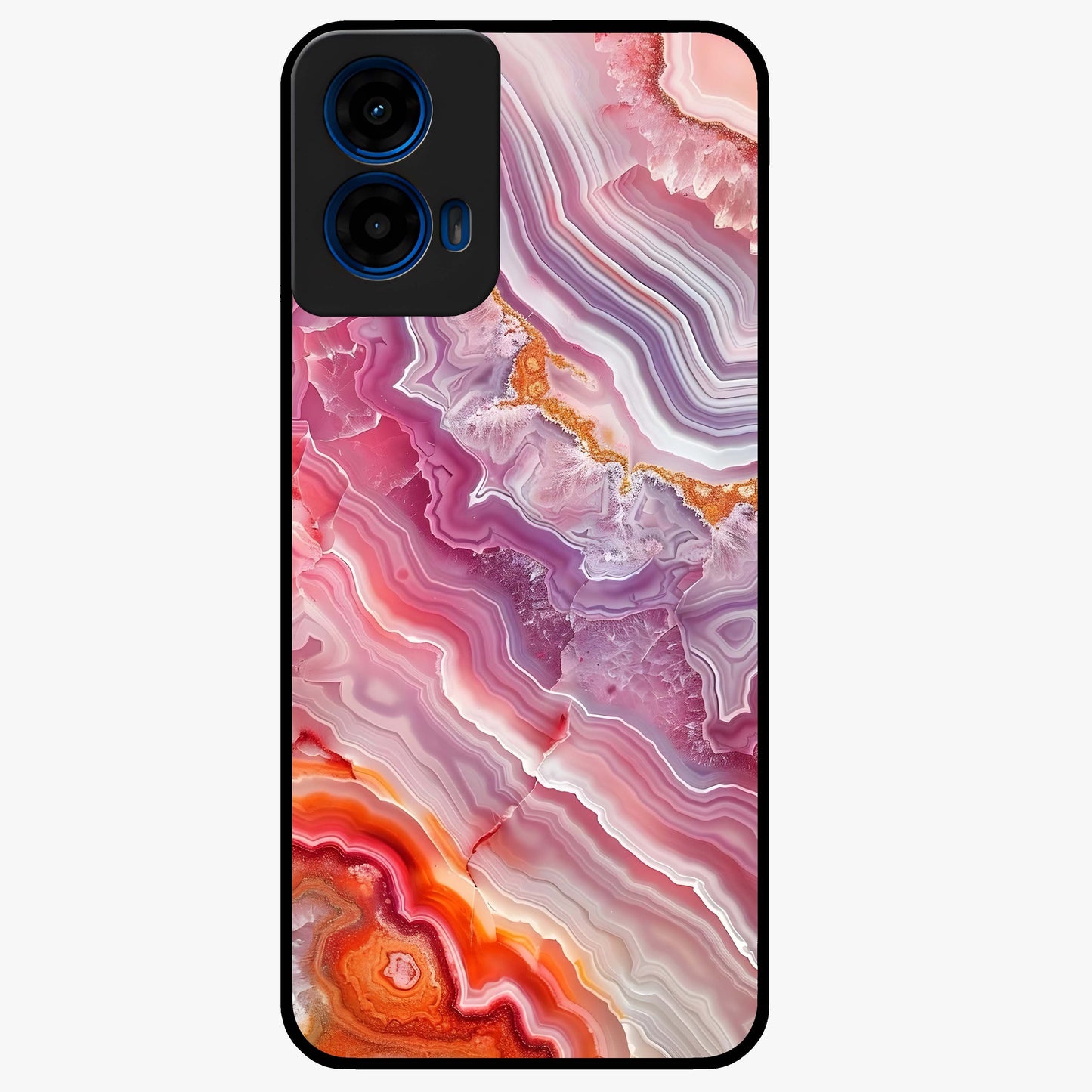 Rose Quartz Marble Glass Case showing flat back view with pink marble quartz texture artwork and glossy glass finish.