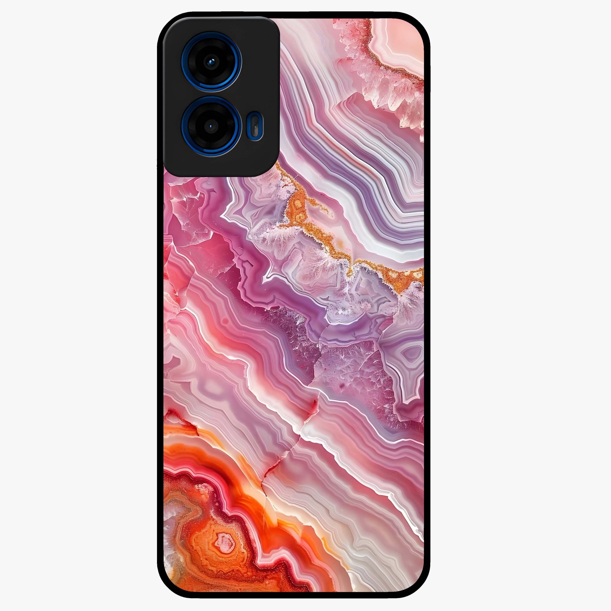 Rose Quartz Marble Glass Case showing flat back view with pink marble quartz texture artwork and glossy glass finish.