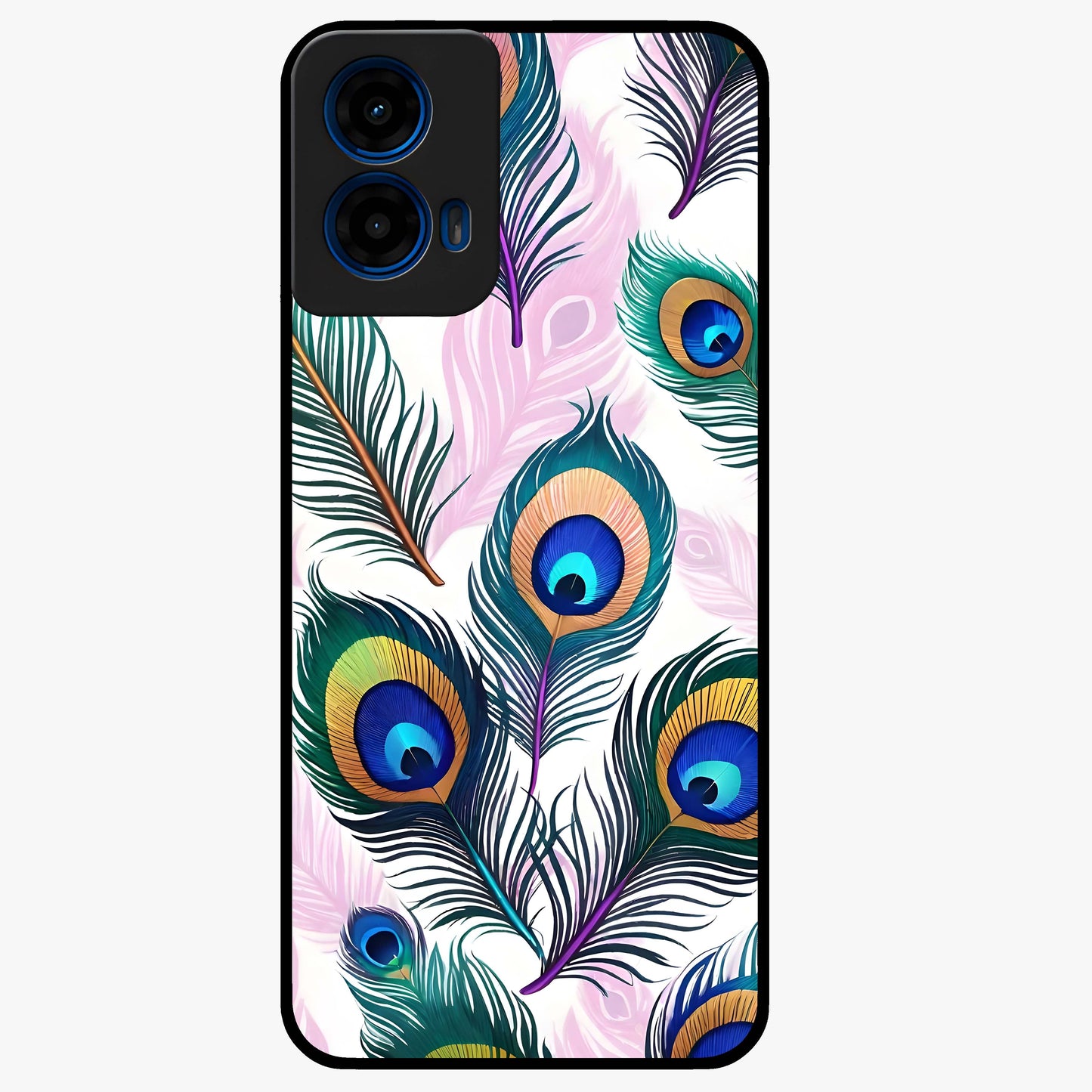Royal Peacock Feathers Glass Case showing flat back view with colorful peacock feather artwork and glossy glass finish.