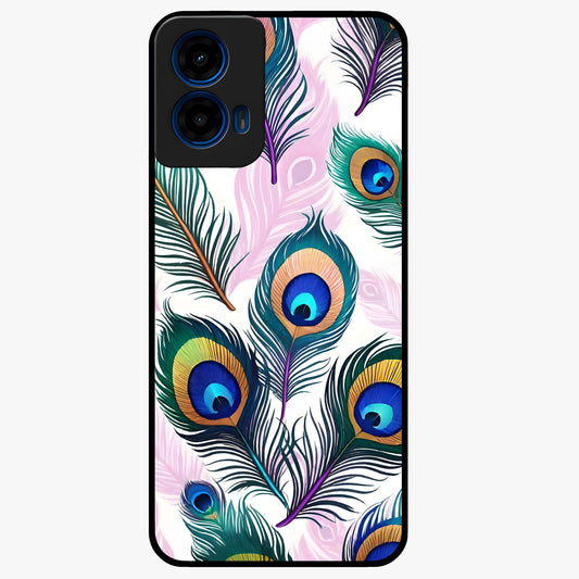 Royal Peacock Feathers Glass Case showing flat back view with colorful peacock feather artwork and glossy glass finish.