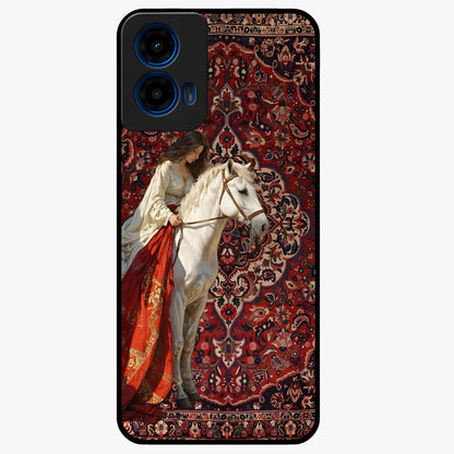 Royal Rider Tapestry Glass Case showing flat back view with majestic horse rider tapestry artwork and glossy glass finish.