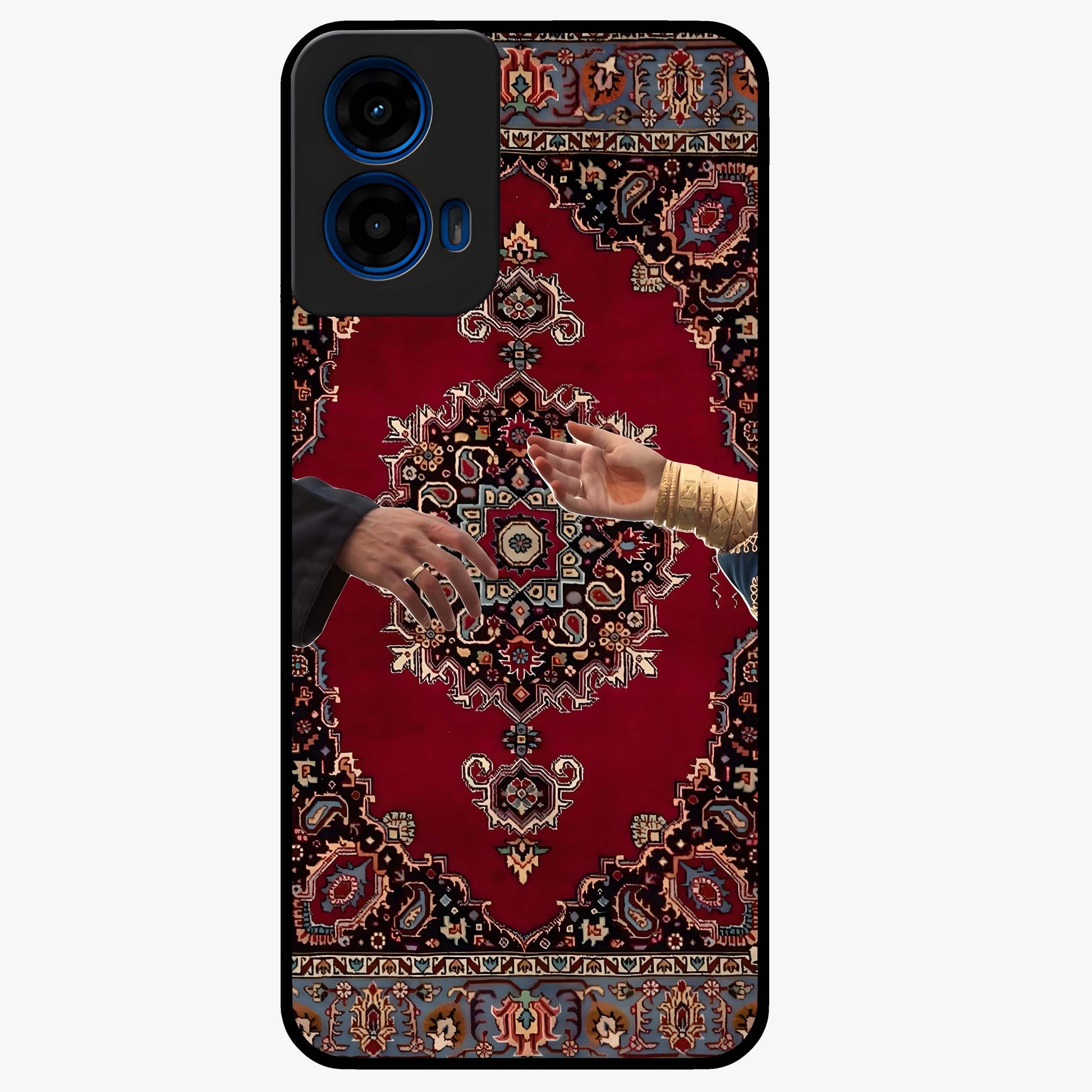 Royal Touch Reach Glass Case showing flat back view with elegant royal themed artwork and glossy glass finish.