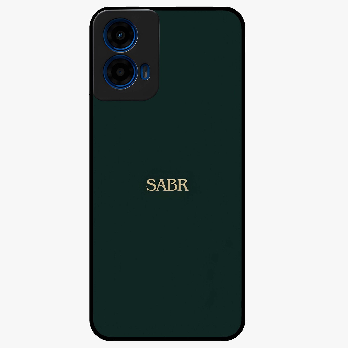 Sabr Minimal Patience Glass Case showing flat back view with minimalist typography artwork and glossy glass finish.