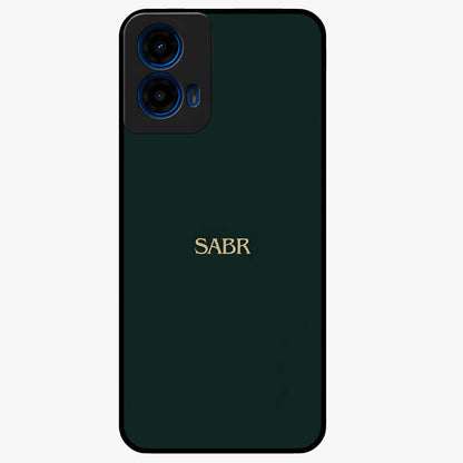 Sabr Minimal Patience Glass Case showing flat back view with minimalist typography artwork and glossy glass finish.