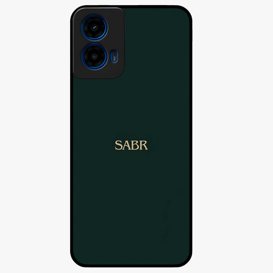 Sabr Minimal Patience Glass Case showing flat back view with minimalist typography artwork and glossy glass finish.