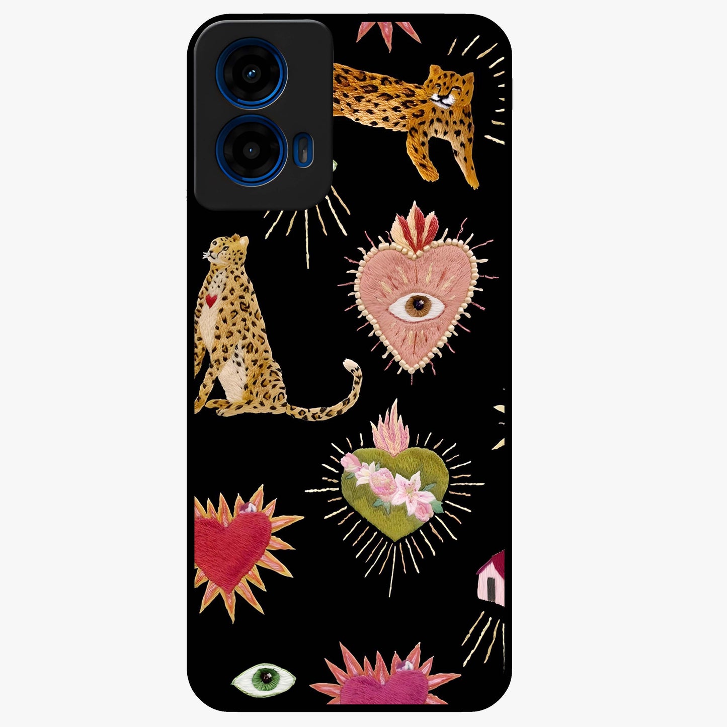 Sacred Jungle Heart Glass Case showing flat back view with jungle inspired heart artwork and glossy glass finish.