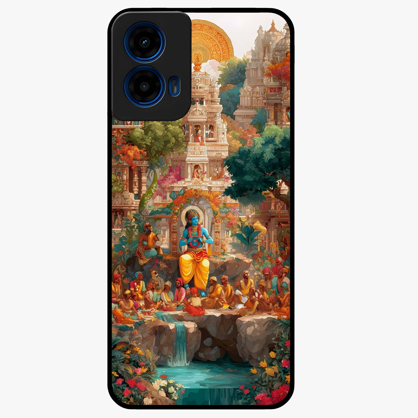 Sacred Sunlight Gods Glass Case showing flat back view with divine sunlight themed artwork and glossy glass finish.