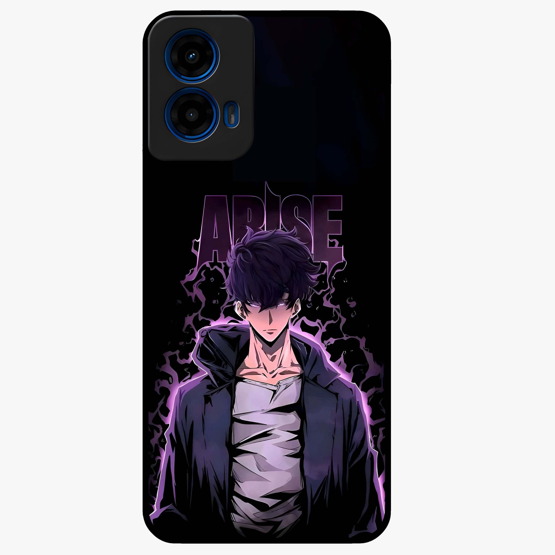 Shadow Monarch Awakening Glass Case showing flat back view with powerful dark monarch themed artwork and glossy glass finish.
