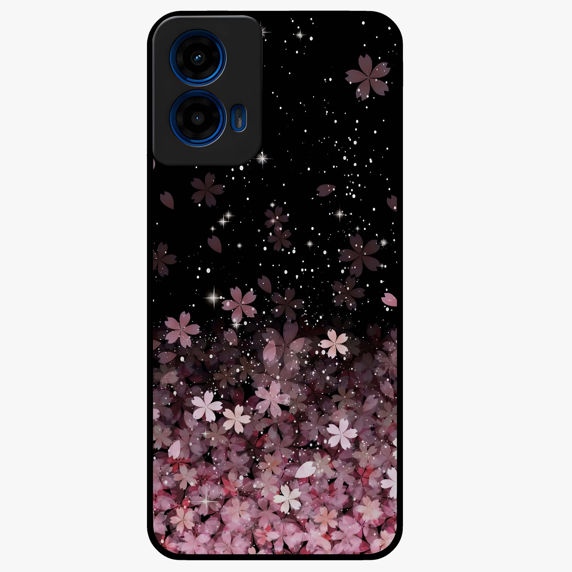 Small Starry Flowers Glass Case showing flat back view with delicate starry floral artwork and glossy glass finish.
