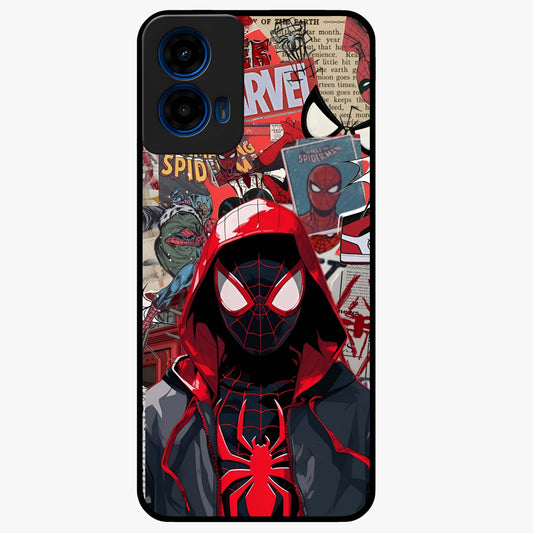Spider Collage Street Glass Case showing flat back view with vibrant superhero collage artwork and glossy glass finish.