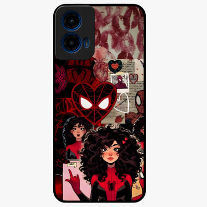 Spider Love Story Glass Case showing flat back view with romantic superhero themed artwork and glossy glass finish.