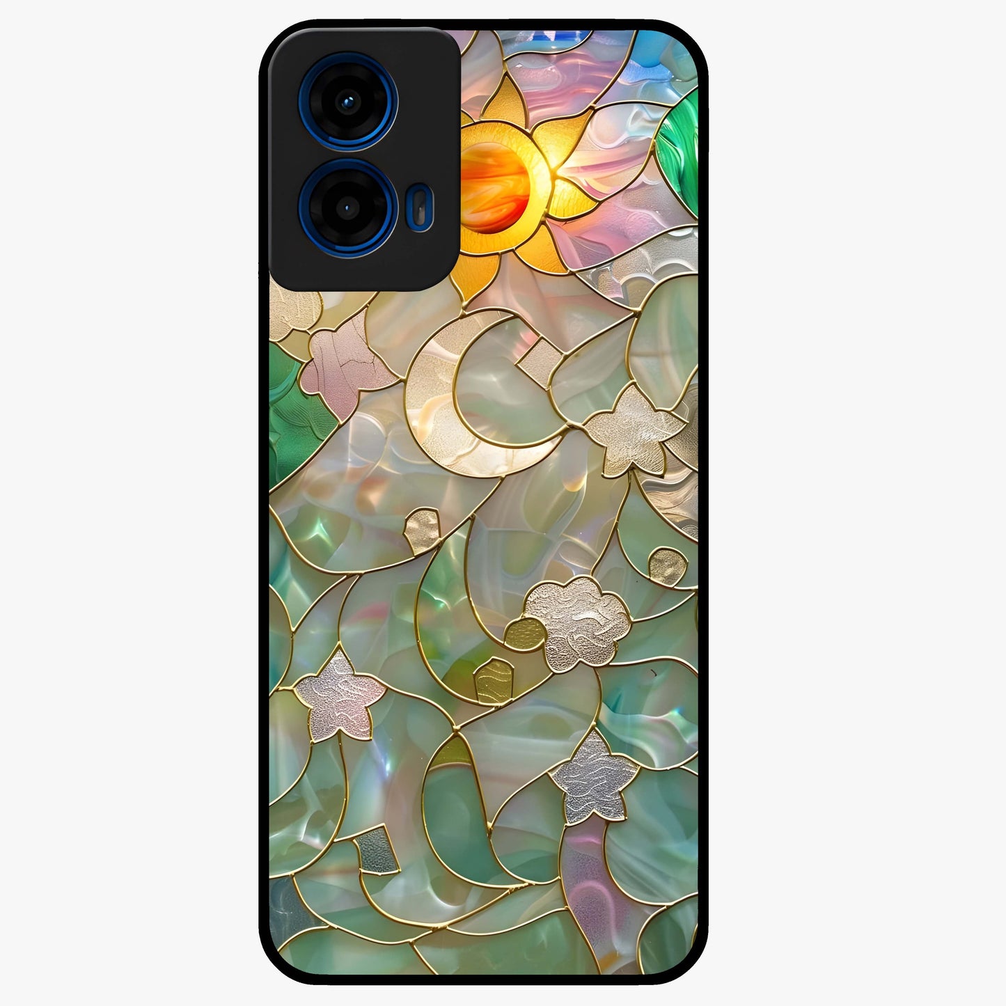 Stained Sunrise Glow Glass Case showing flat back view with glowing sunrise stained pattern artwork and glossy glass finish.