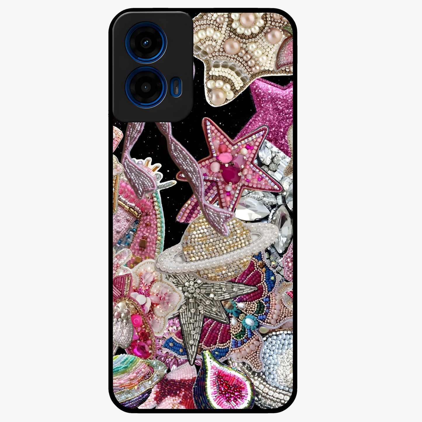 Starlit Jewel Dream Glass Case showing flat back view with sparkling jewel and star themed artwork and glossy glass finish.