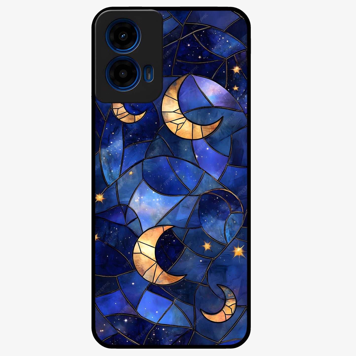 Starlit Sky Tapestry Glass Case showing flat back view with decorative starry sky tapestry artwork and glossy glass finish.
