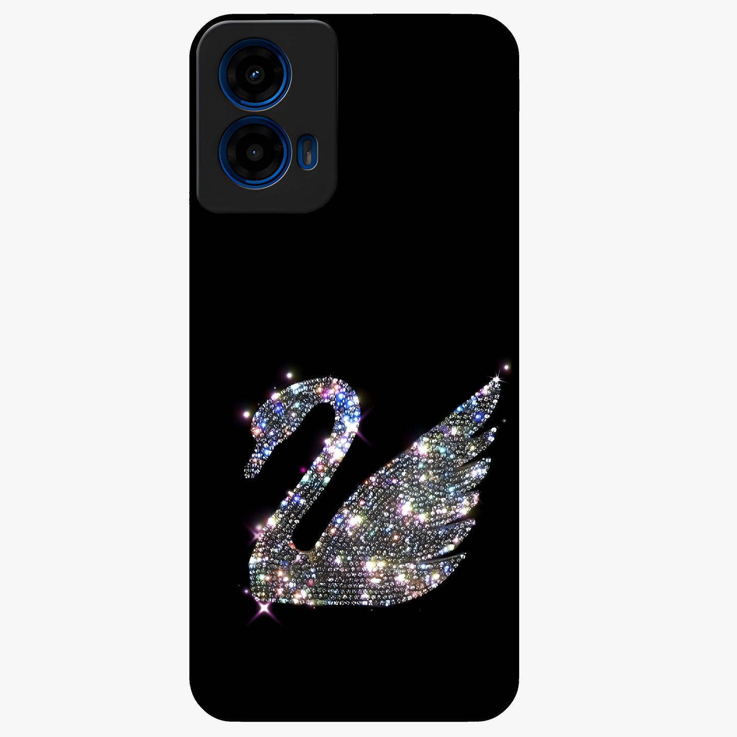 Starlit Swan Grace Glass Case showing flat back view with graceful swan artwork under starry sky and glossy glass finish.