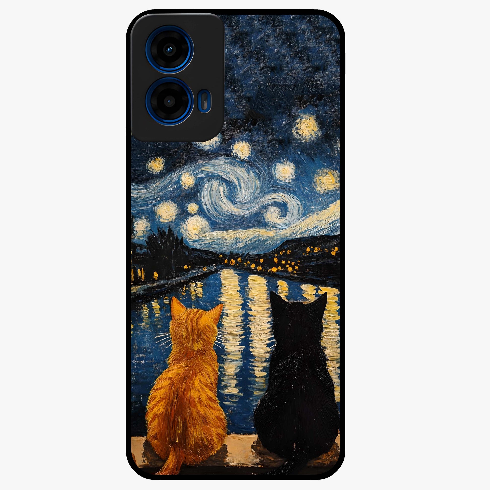 Starry River Cats Glass Case showing flat back view with cats by a starry river artwork and glossy glass finish.