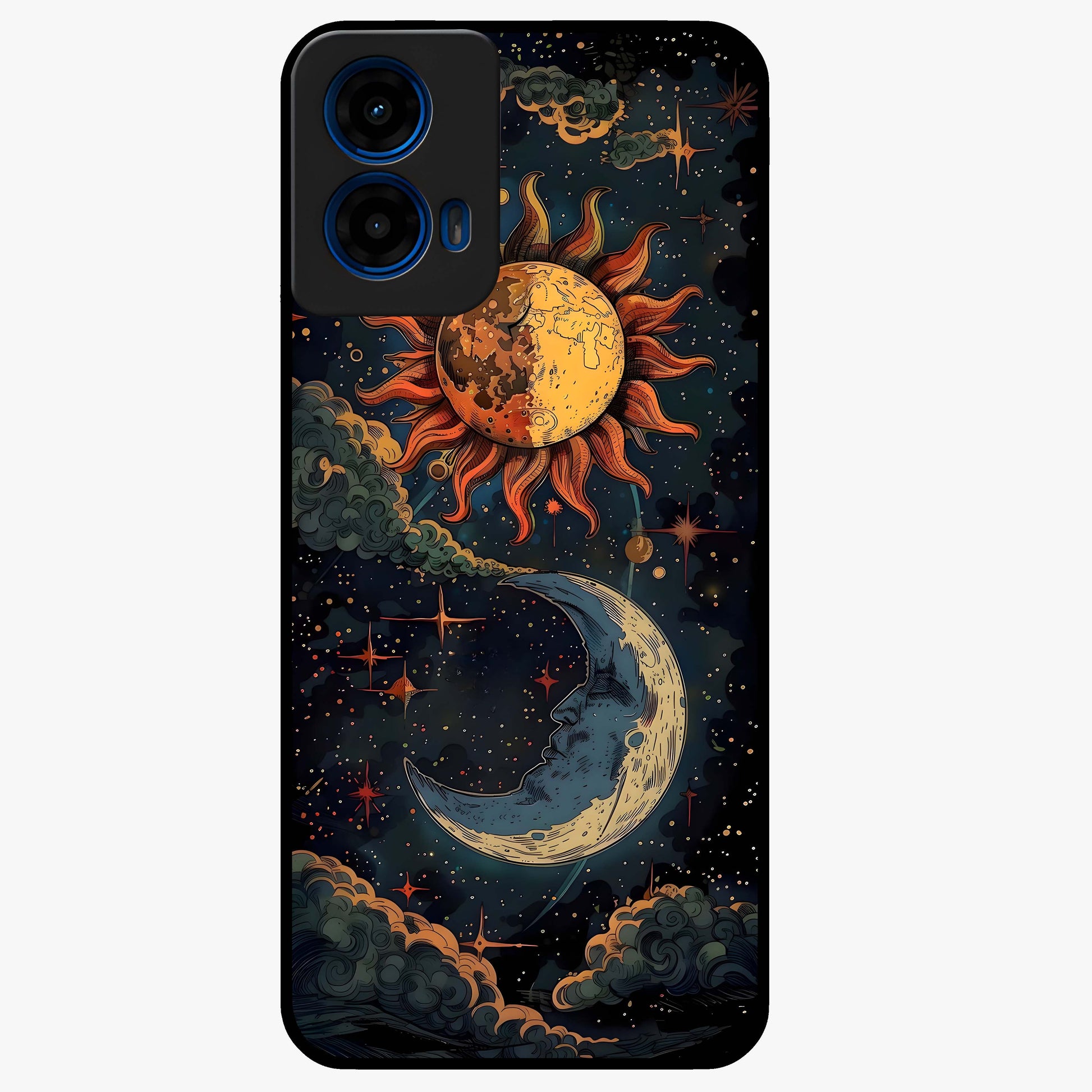 Sun And Moon Magic Design Glass Case showing flat back view with mystical sun and moon artwork and glossy glass finish.