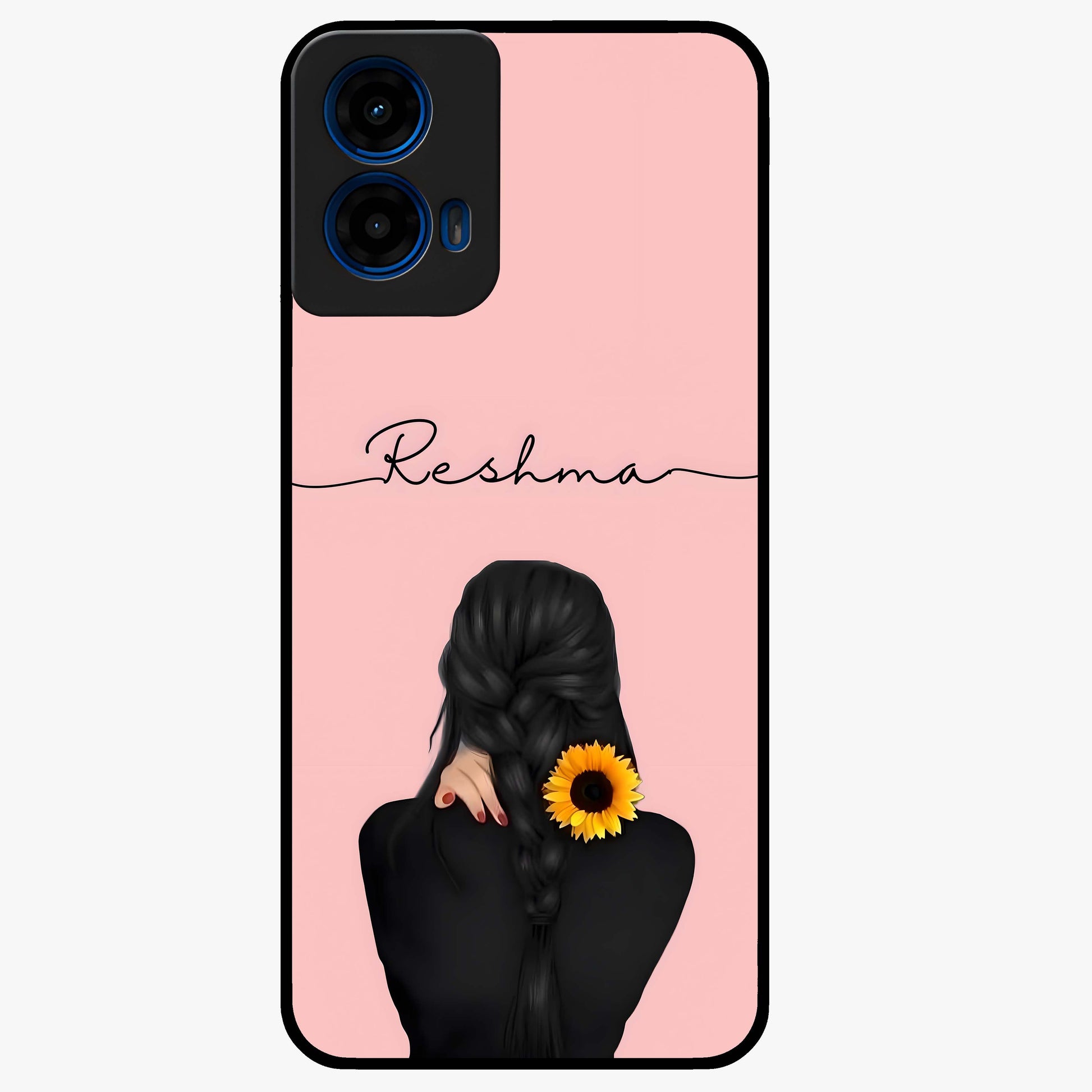 Sunflower Braid Beauty With Custom Name Glass Case showing flat back view with sunflower braid artwork and personalized name design.