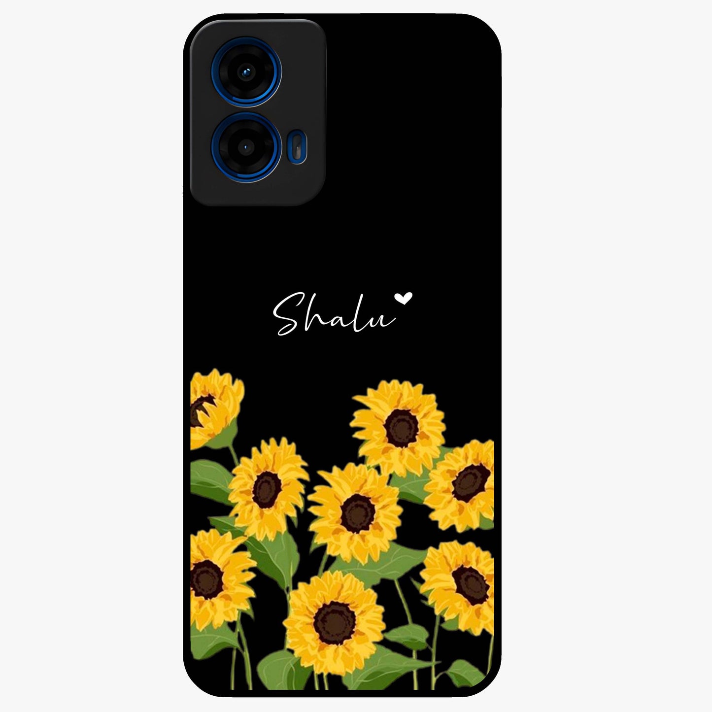 Sunflower Chic Mood Custom Name Glass Case showing flat back view with stylish sunflower artwork and personalized name design.
