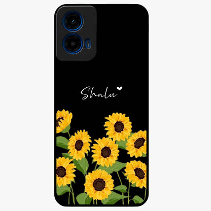 Sunflower Chic Mood Custom Name Glass Case showing flat back view with stylish sunflower artwork and personalized name design.