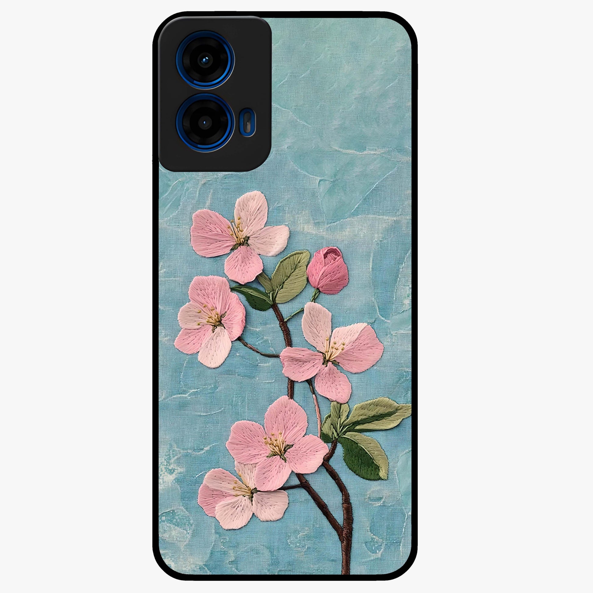 Threaded Blossom Breeze Glass Case showing flat back view with delicate blossom artwork and glossy glass finish.