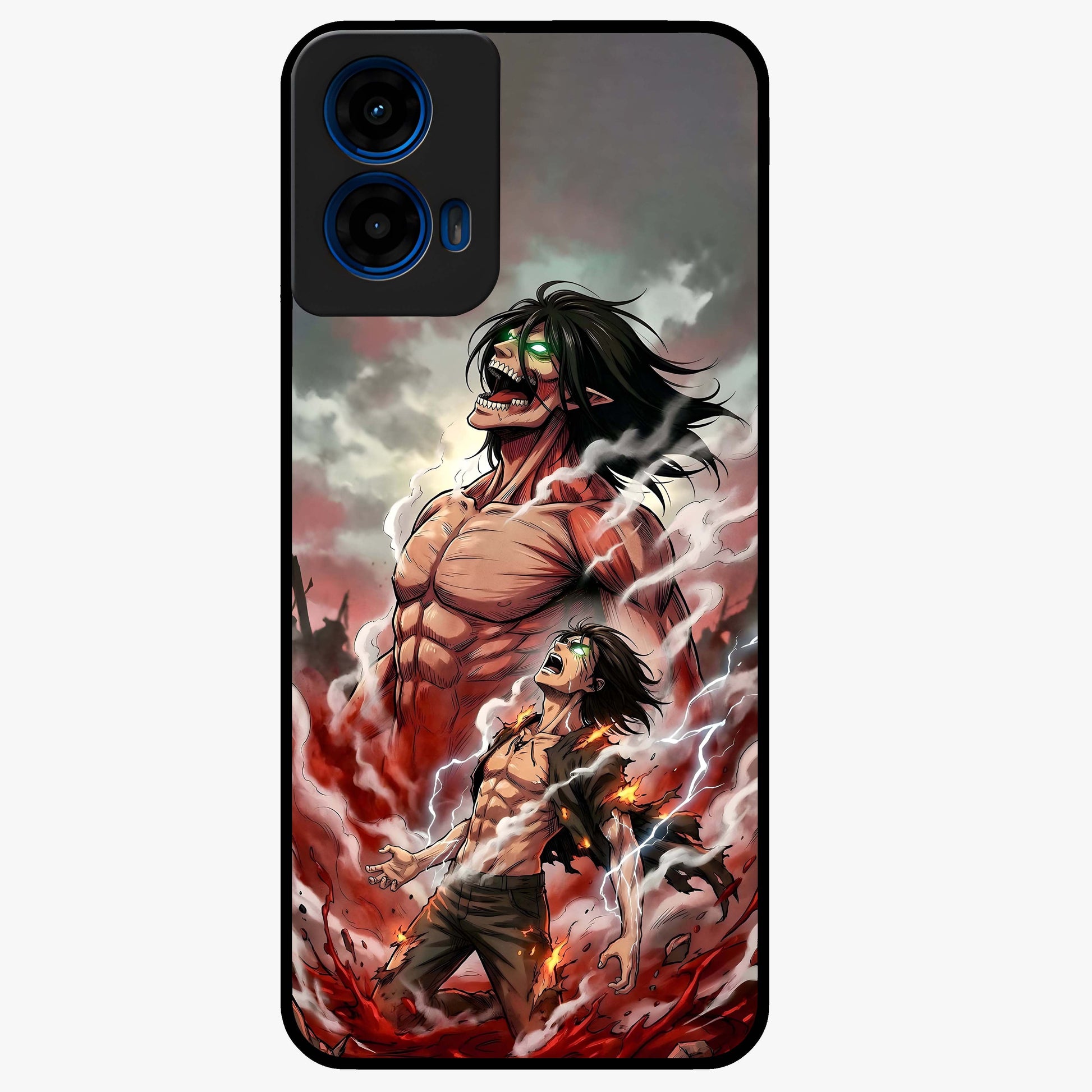 Titan Awakening Fury Glass Case showing flat back view with powerful titan inspired artwork and glossy glass finish.