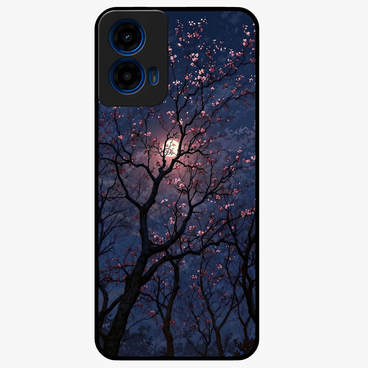 Twilight Sakura Serenade Glass Case showing flat back view with cherry blossom artwork at twilight and glossy glass finish.