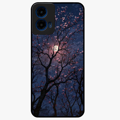 Twilight Sakura Serenade Glass Case showing flat back view with cherry blossom artwork at twilight and glossy glass finish.