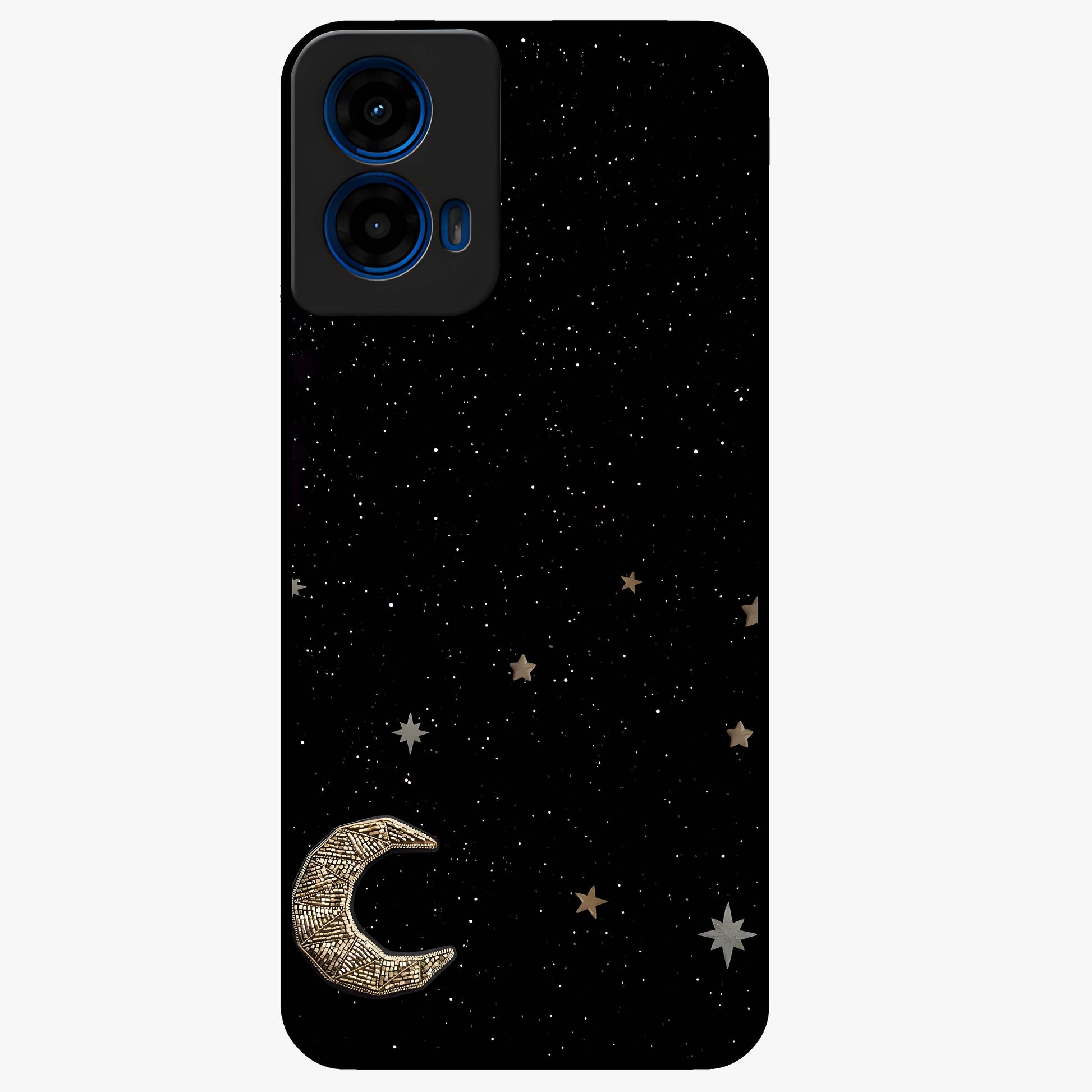 Twinkle Star With Half Moon Glass Case showing flat back view with star and half moon artwork and glossy glass finish.