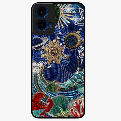 Universe Underwater Spark Glass Case showing flat back view with cosmic underwater themed artwork and glossy glass finish.