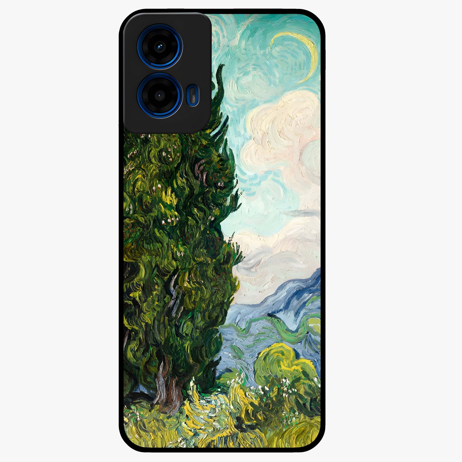 Van Gogh Vintage Art Glass Case showing flat back view with vintage painterly artwork inspired by Van Gogh style and glossy glass finish.