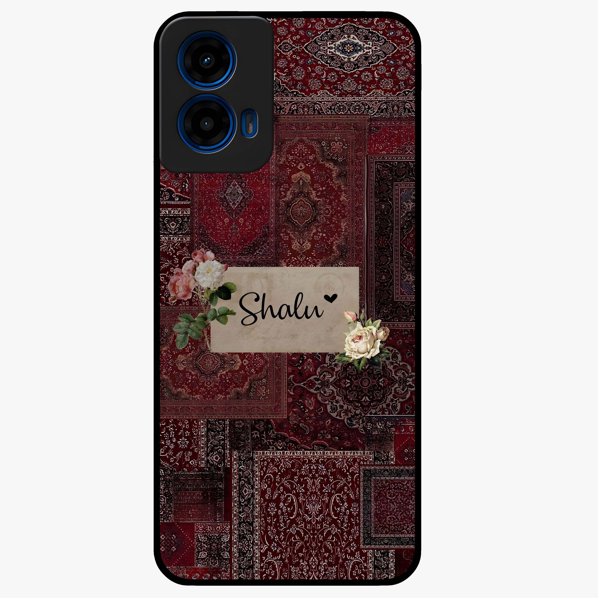 Velvet Wine Pattern Custom Name Glass Case showing flat back view with elegant wine colored pattern artwork and personalized name design.